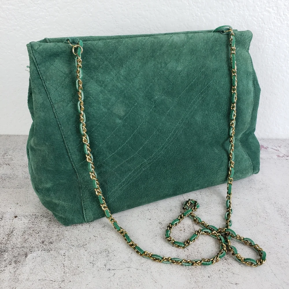 Vintage Suede Leather Purse Bag Emerald Green Crossbody Big Mouth Chain Strap